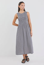 Load image into Gallery viewer, Bryar Navy Mini Gingham Sleeveless Shirred Bodice Midi Dress
