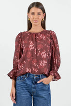 Load image into Gallery viewer, Candid Plum Smudge Floral Frill Sleeve Crew Neck Top
