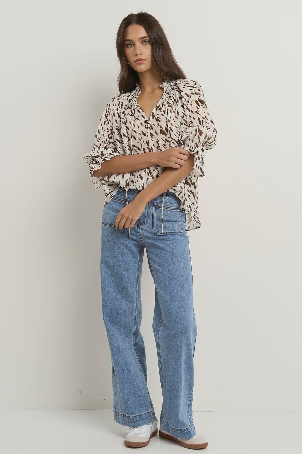 Certainty White Chocolate Animal Shirred Neck SS Top / White Animal