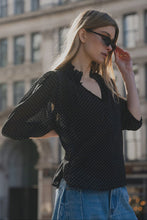 Load image into Gallery viewer, Closure Black Mini Polka Dot High Neck Buttoned SS Top
