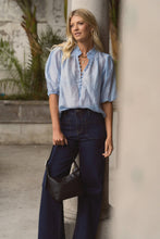 Load image into Gallery viewer, Closure Pale Blue Sheer High Neck SS Top
