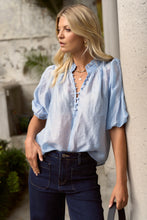Load image into Gallery viewer, Closure Pale Blue Sheer High Neck SS Top

