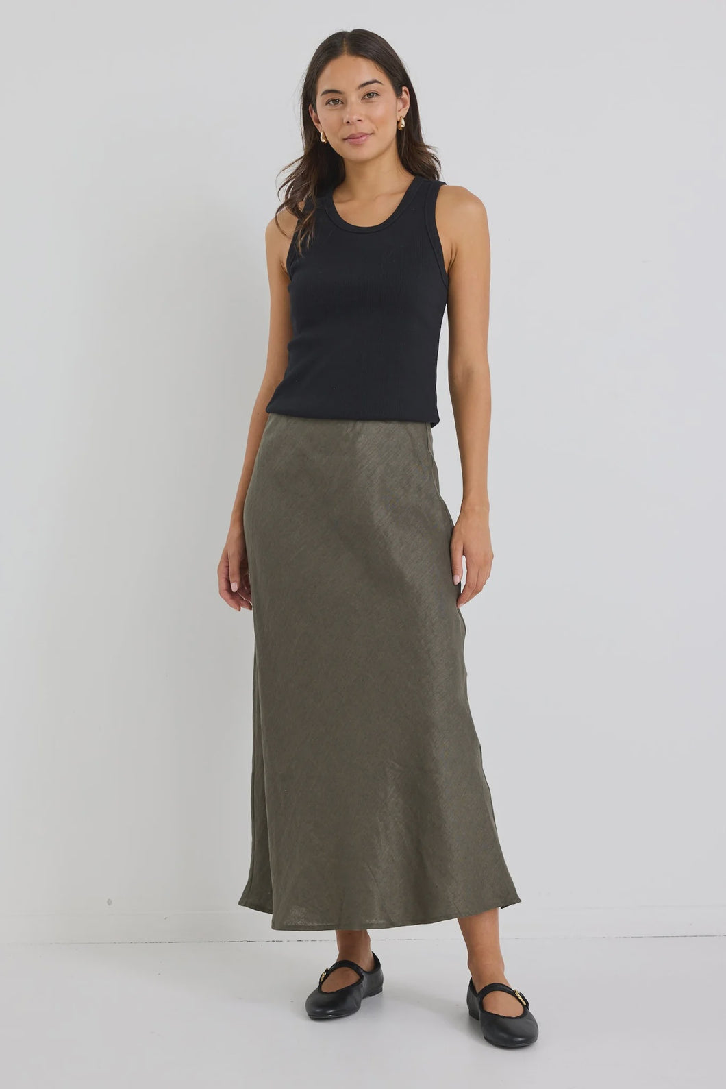 Bliss Khaki Linen Bias Midi Skirt