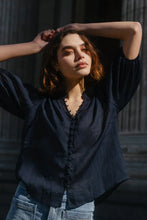 Load image into Gallery viewer, Continuance Navy Ramie High Neck Buttoned SS Top - Navy
