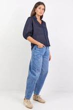 Load image into Gallery viewer, Continuance Navy Ramie High Neck Buttoned SS Top - Navy
