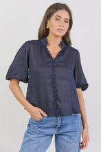Load image into Gallery viewer, Continuance Navy Ramie High Neck Buttoned SS Top - Navy
