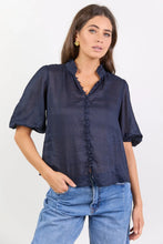 Load image into Gallery viewer, Continuance Navy Ramie High Neck Buttoned SS Top - Navy
