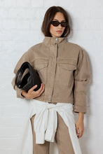 Load image into Gallery viewer, Crafted Taupe Funnel Neck Denim Jacket

