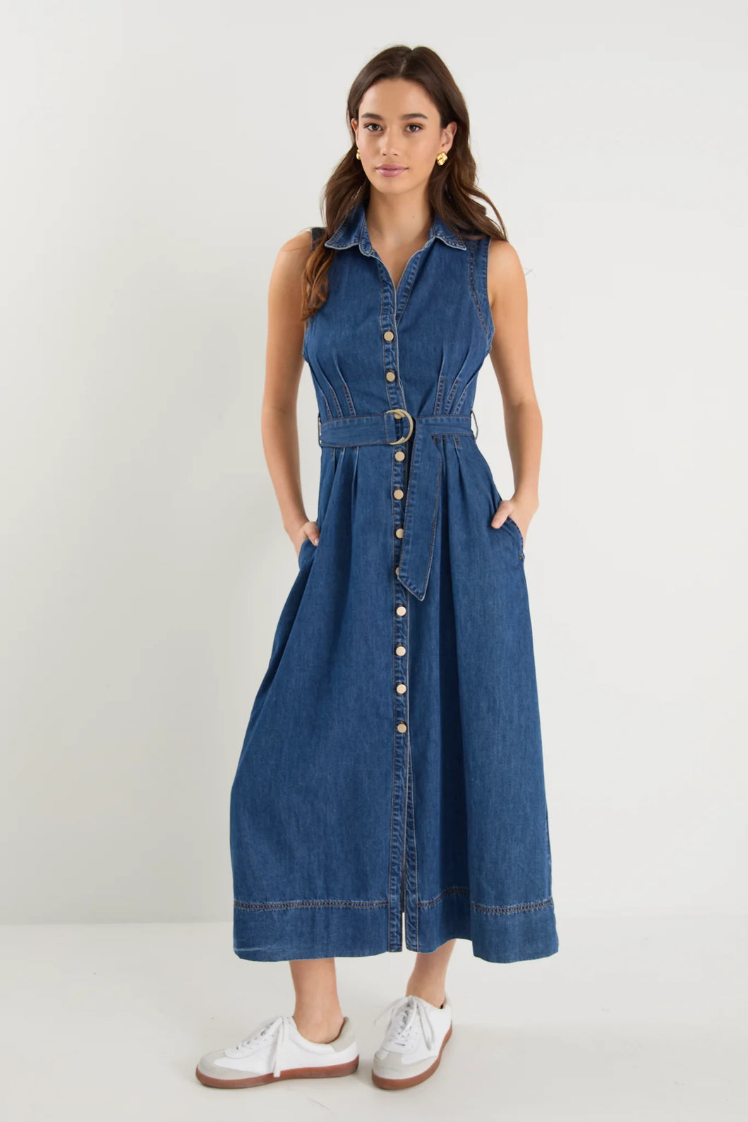 Crescent Storm Blue Denim Midi Shirt Dress