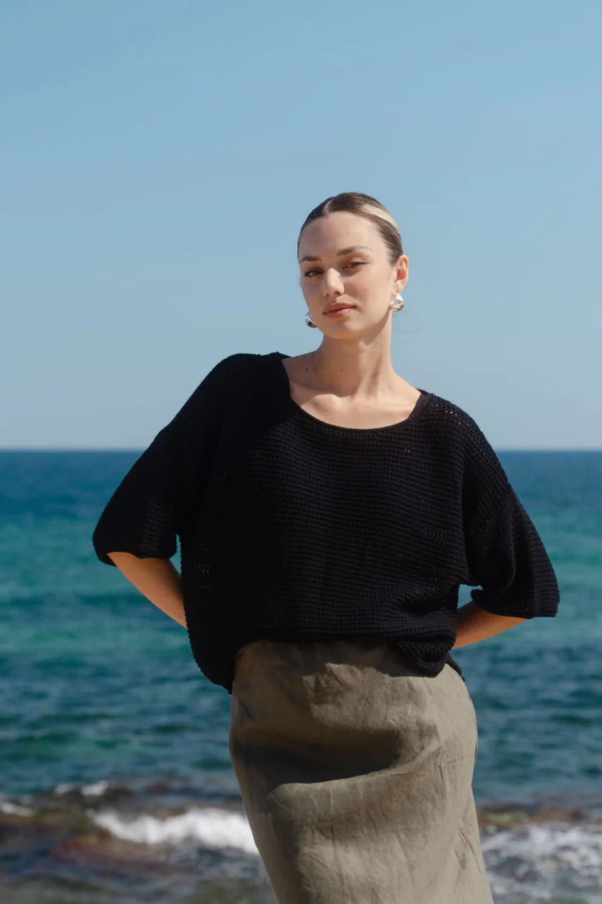 Sunrise Black SS Crochet Knit Top