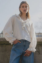 Load image into Gallery viewer, Decorate Ivory Black Stripe Frill Front Top
