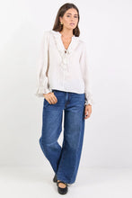 Load image into Gallery viewer, Decorate Ivory Black Stripe Frill Front Top
