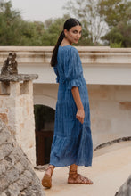 Load image into Gallery viewer, Dreamy Steel Blue Bubble SS Button Front Tiered Maxi Dress
