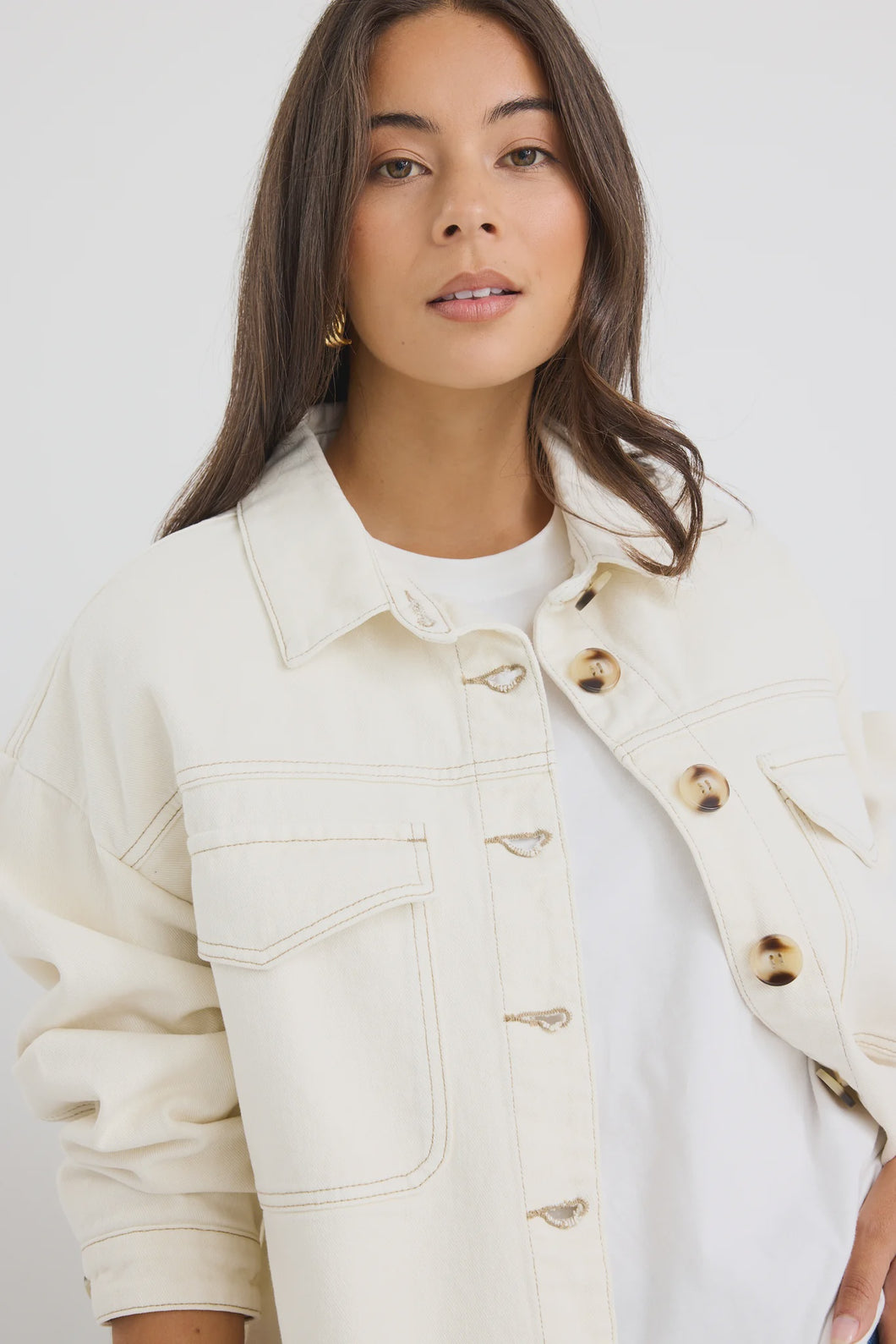 Echo Ecru Patch Pocket Denim Jacket Ecru