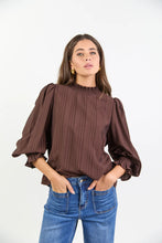 Load image into Gallery viewer, Embrace Chocolate Self Stripe Shirred Neck LS Top
