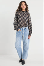 Load image into Gallery viewer, Embrace Black Check Chiffon Shirred Neck LS Top
