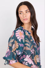 Load image into Gallery viewer, Encounter Petrol Scarf Print SS Gathered Button Front Top - Petrol Scarf Print
