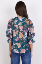 Load image into Gallery viewer, Encounter Petrol Scarf Print SS Gathered Button Front Top - Petrol Scarf Print
