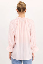 Load image into Gallery viewer, Expedition Blush Self Stripe Shirred Neck Short Sleeve Top
