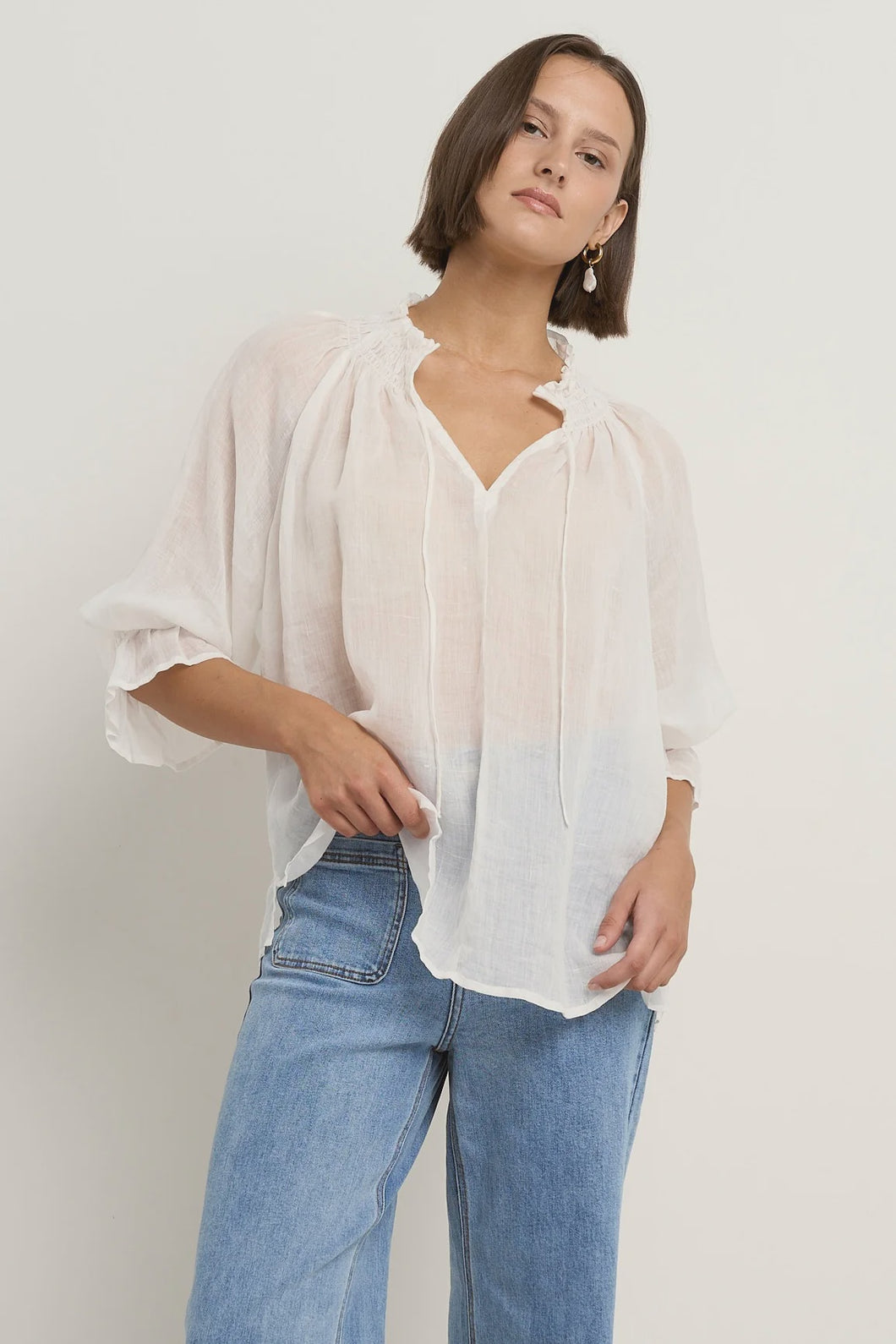 Expedition Ivory Ramie Shirred Neck Top