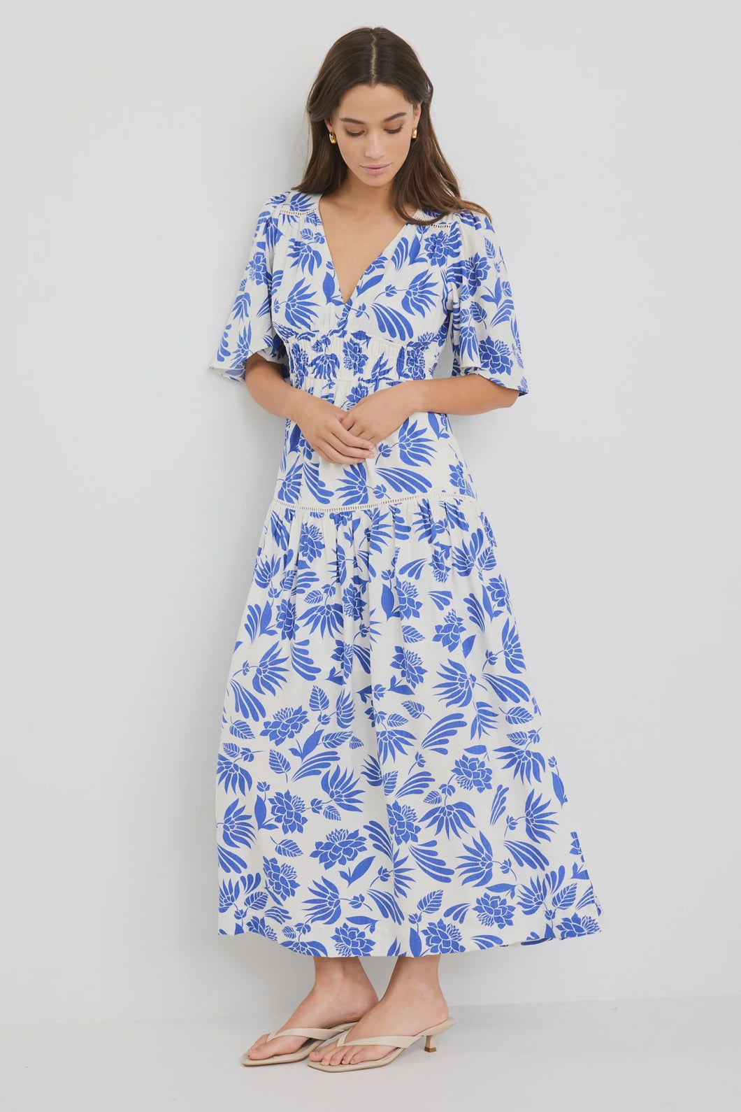 Fluent Blue Lotus Flutter Sleeve Maxi Dress
