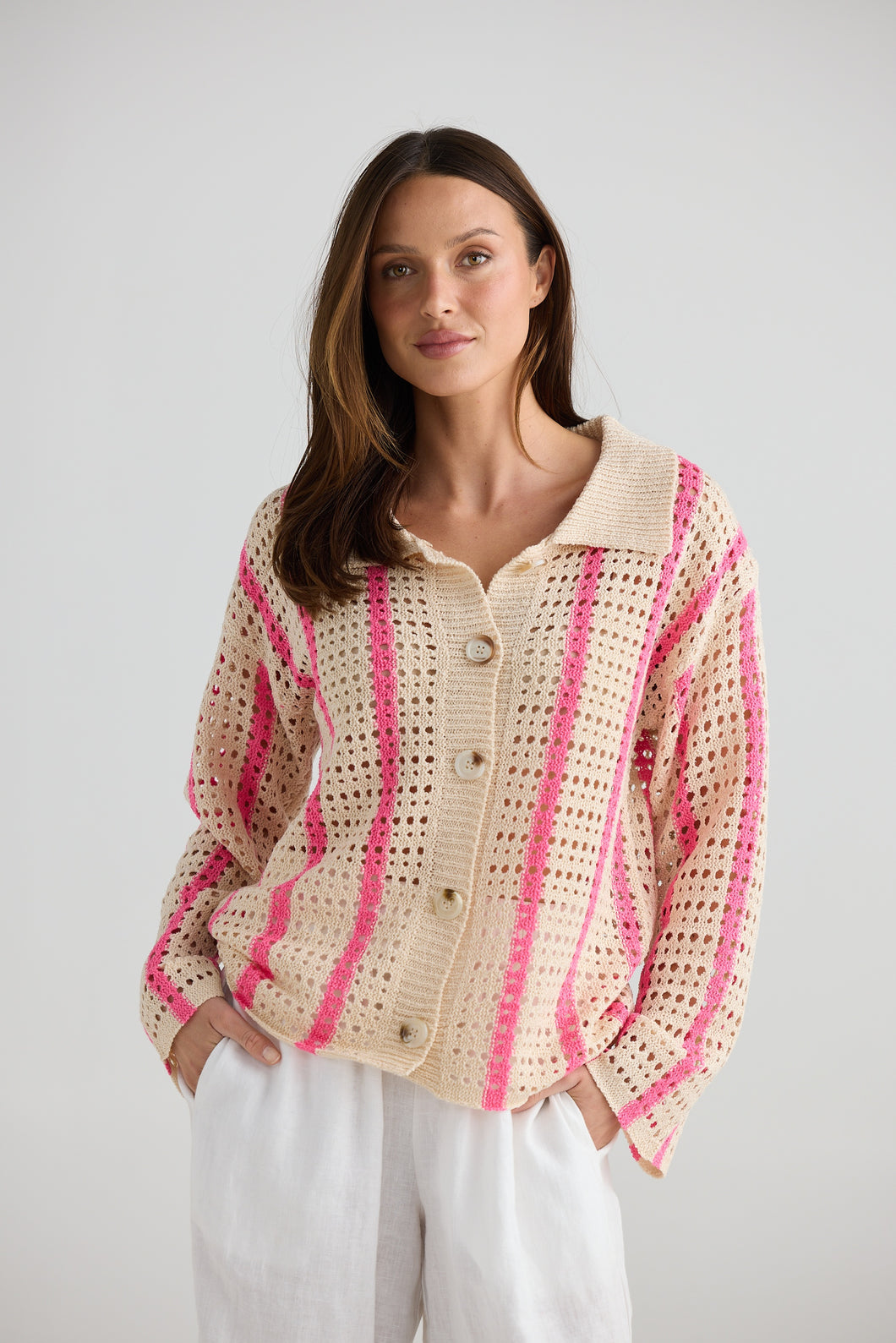 Harbour Cardi Pink Stripe