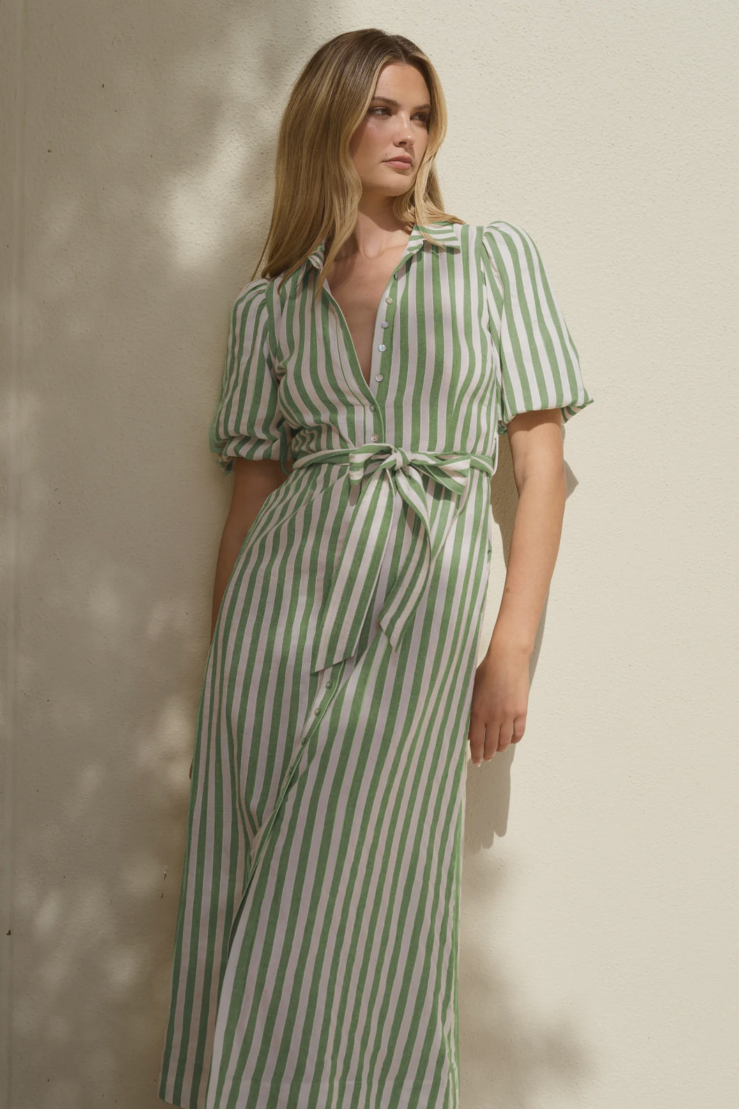Kindred Moss Stripe Puff Sleeve Midi Shirt Dress Moss Stripe