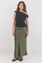 Load image into Gallery viewer, Rosette Khaki Satin Bias Midi Skirt Khaki
