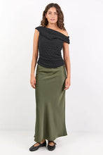 Load image into Gallery viewer, Rosette Khaki Satin Bias Cut Skirt
