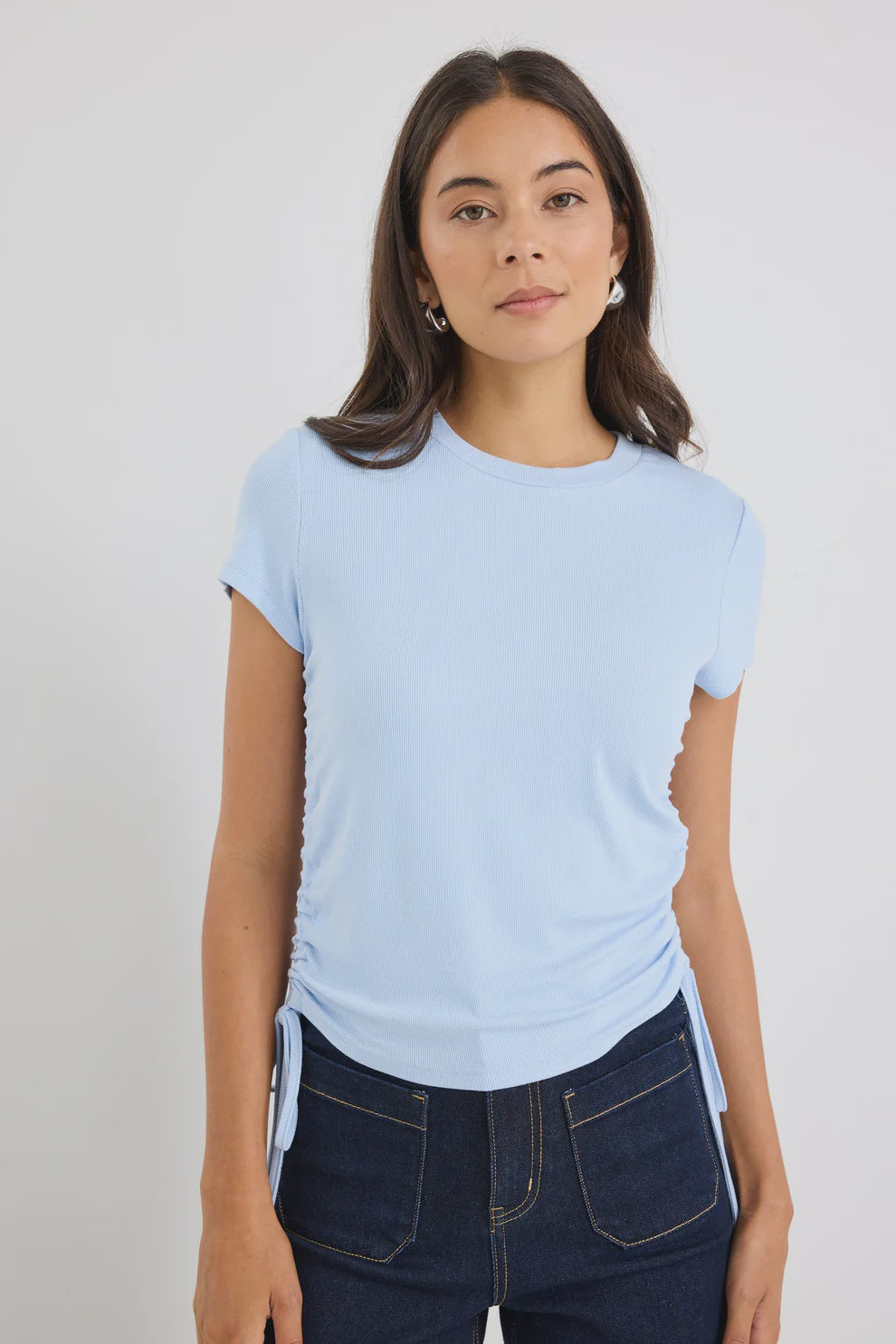 Perfect Pale Blue Rib Rouched Side Crop Tee