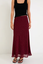 Load image into Gallery viewer, Emporium Burgundy Polka Dot Satin Bias Cut Midi Skirt

