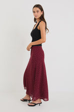 Load image into Gallery viewer, Emporium Burgundy Polka Dot Satin Bias Cut Midi Skirt
