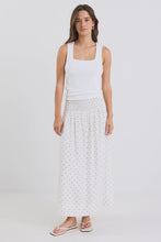 Load image into Gallery viewer, Wanderlust Cream Polka Dot Shirred Waist Maxi Skirt
