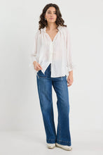 Load image into Gallery viewer, Prospect Ivory Stripe Tie Front Mid Sleeve Top
