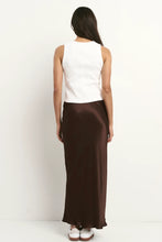 Load image into Gallery viewer, Rosette Chocolate Satin Bias Midi Skirt
