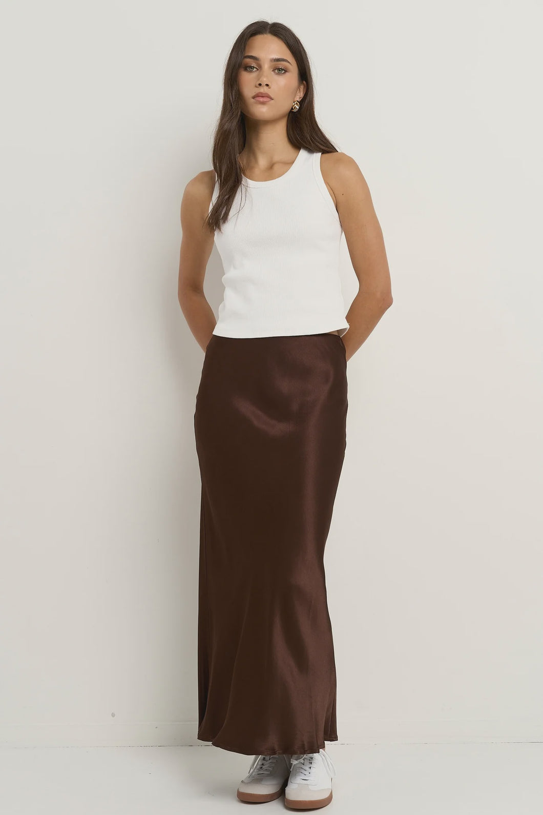 Rosette Chocolate Satin Bias Midi Skirt