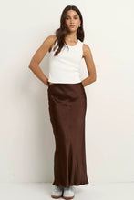 Load image into Gallery viewer, Rosette Chocolate Satin Bias Midi Skirt
