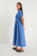 Load image into Gallery viewer, Wren Cornflower Blue Linen Shirred Bodice Midi Dress
