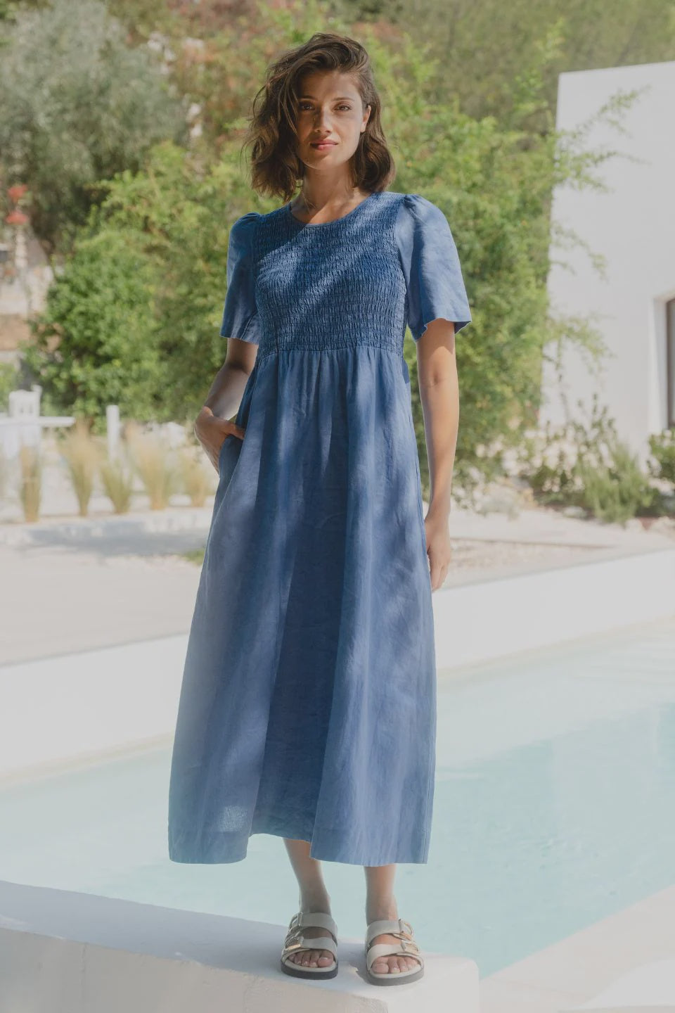 Wren Cornflower Blue Linen Shirred Bodice Midi Dress