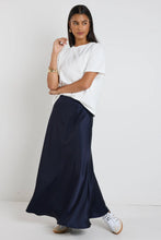 Load image into Gallery viewer, Preserve Navy Floaty Satin Bias Maxi Skirt
