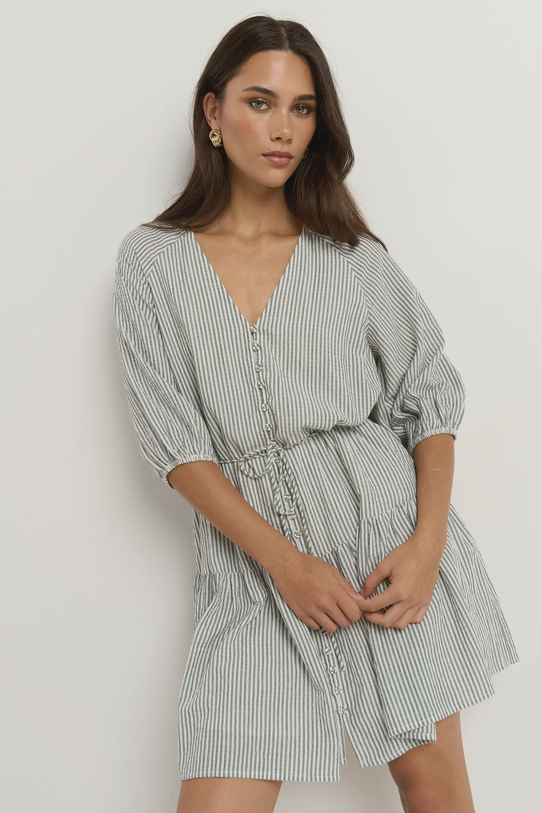 Switch Khaki Stripe Puff Sleeve Dress