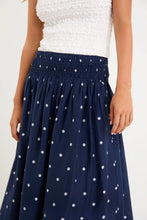Load image into Gallery viewer, Wanderlust Navy Polka Dot Shirred Waist Maxi Skirt

