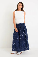 Load image into Gallery viewer, Wanderlust Navy Polka Dot Shirred Waist Maxi Skirt
