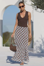 Load image into Gallery viewer, Jubilant Chocolate Ice Blue Check Georgette Pull On Bias Maxi Skirt
