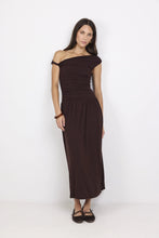 Load image into Gallery viewer, Vanguard Chocolate Off Shoulder Ruched Maxi Dress - Chocolate
