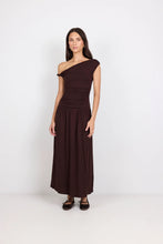 Load image into Gallery viewer, Vanguard Chocolate Off Shoulder Ruched Maxi Dress - Chocolate
