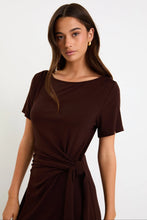 Load image into Gallery viewer, Vortex Chocolate Short Sleeve Waist Tie Knit Tee Shirt Dress
