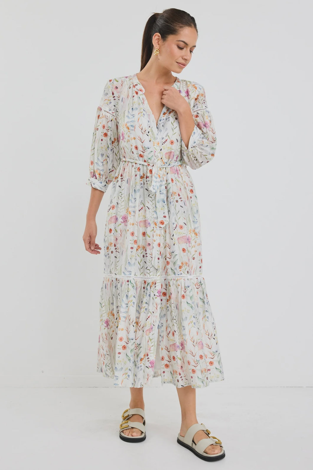 Wisdom Cream Floral Ballon sleeve Midi Dress
