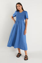 Load image into Gallery viewer, Wren Cornflower Blue Linen Shirred Bodice Midi Dress
