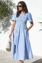 Load image into Gallery viewer, Wren Blue Stripe Cotton Blend SS Shirred Bodice Midi Dress - Blue Stripe

